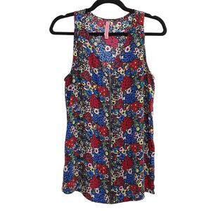 Eight Sixty 100% Silk Sleeveless Blouse Floral ZIP Front V Neck Womens L Spring